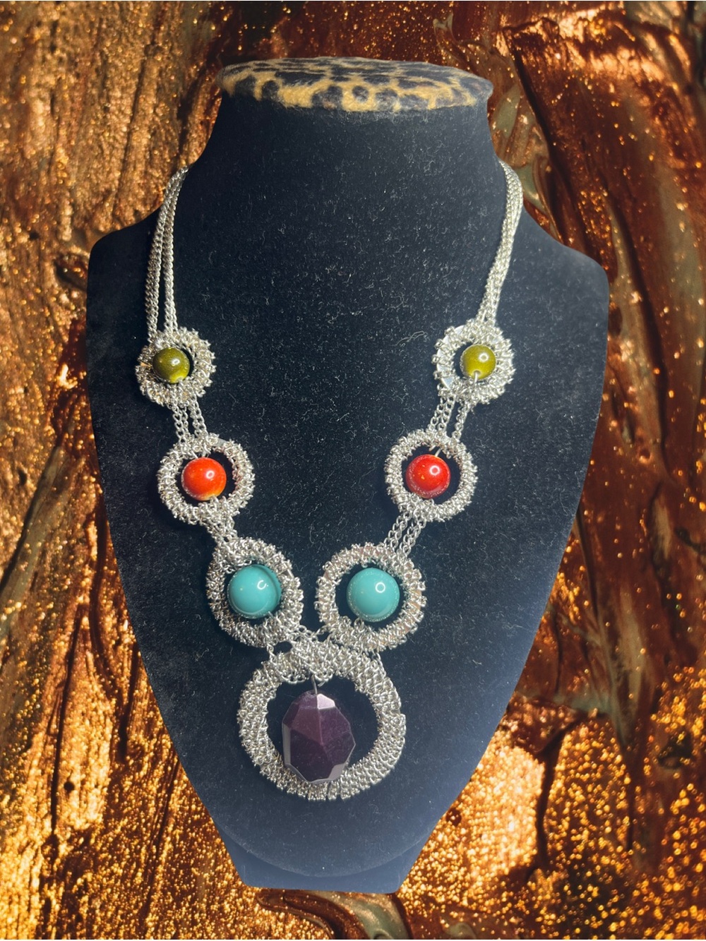 erica lyons  silver-tone mesh chain loops Multicolored Beads necklace